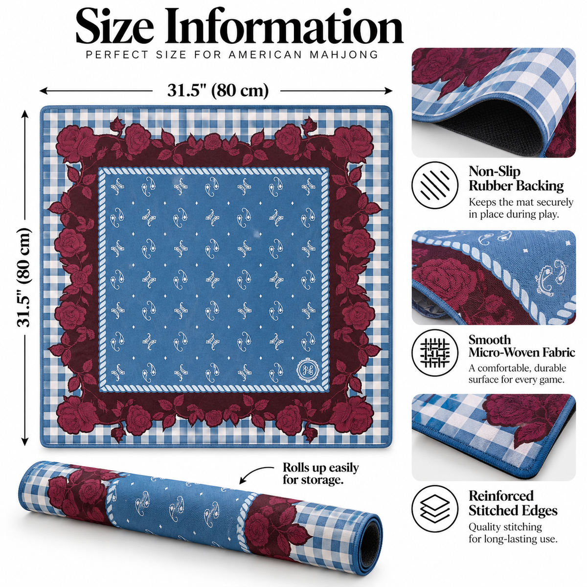 Blue Gingham Rose Mahjong Mat 31.5 Inch