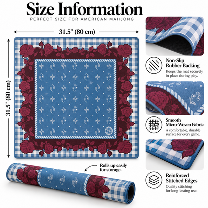 Blue Gingham Rose Mahjong Mat 31.5 Inch