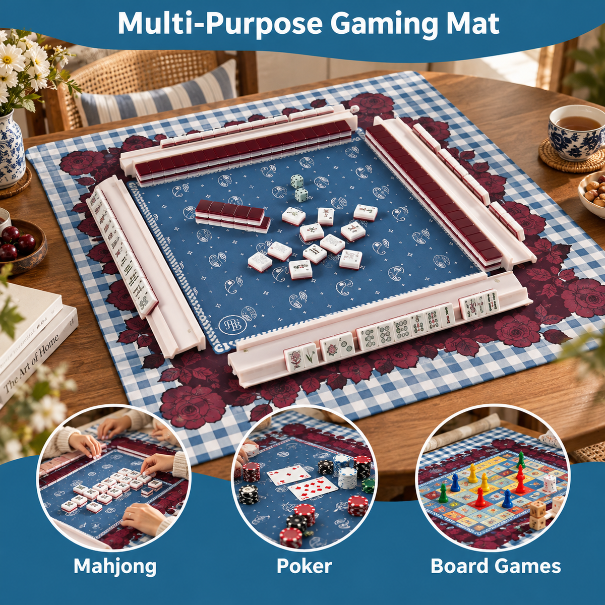 Blue Gingham Rose Mahjong Mat 31.5 Inch